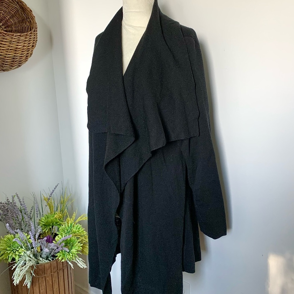Eileen Fisher 100% Merino Wool Waterfall Open Front Black Cardigan Sweater LG